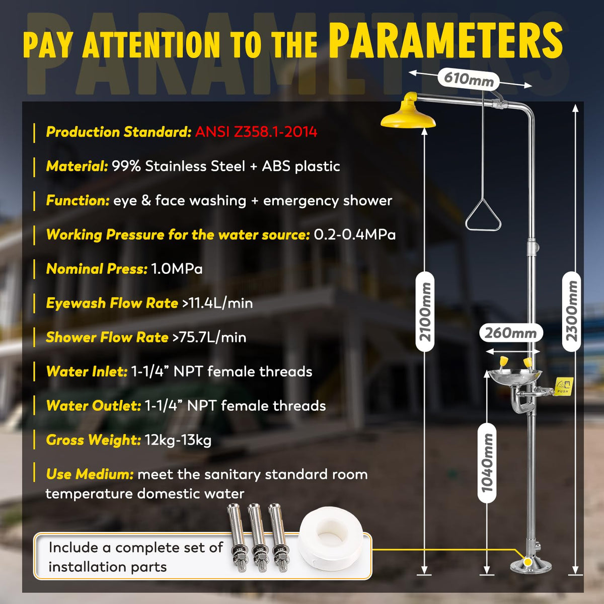 CGOLDENWALL Emergency Shower Eye Wash Station Combination Eye Wash Station with Shower Safty Shower, NPT Thread, with Emergency Sign, 304 Stainless Steel Bowl