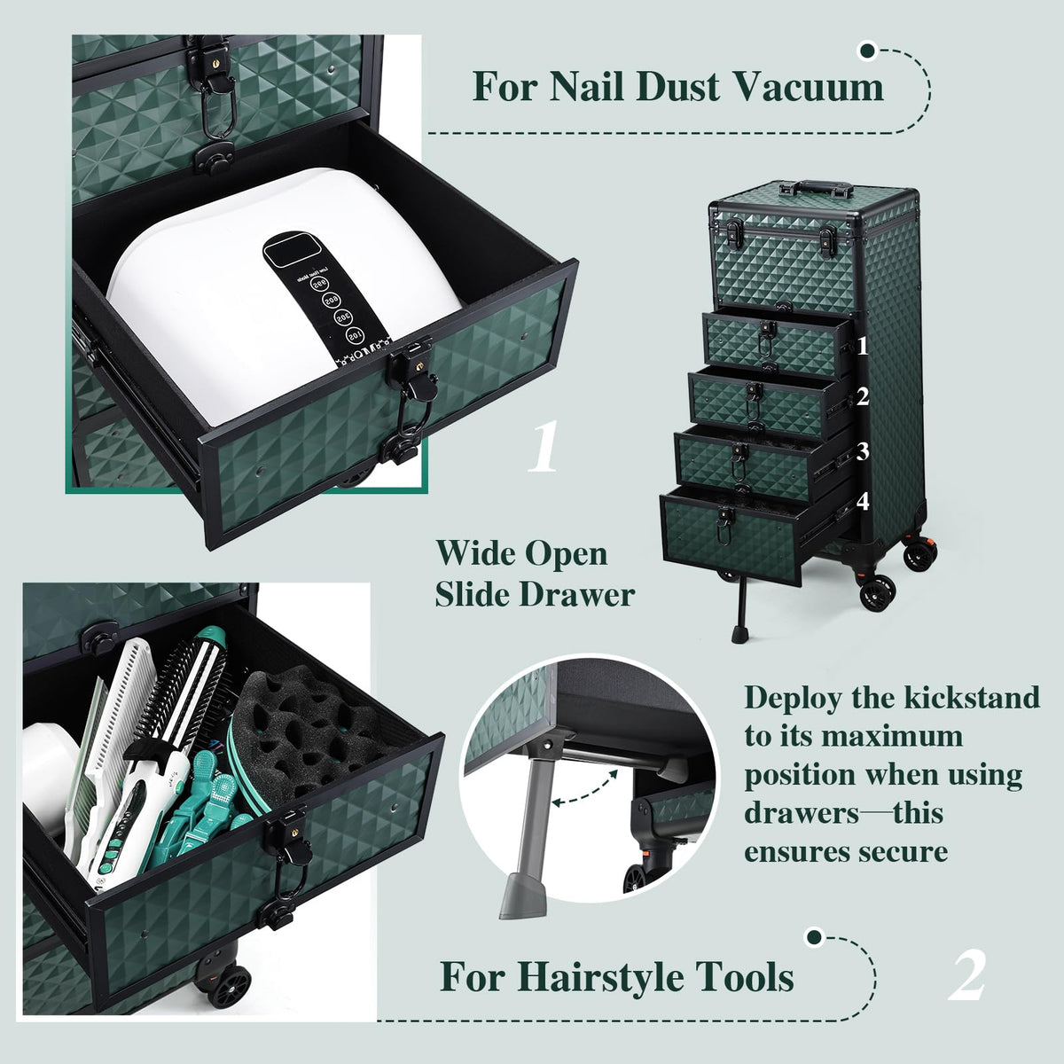 Yueieoun Nail Salon Cart with 4 Drawers,Rolling Makeup Train Case for Beauty,Cosmetology Case on Wheels Trolley Cart,Lockable Organizer Travel Case for Manicure/Face Painting/Hairstylist,DARK GREEN