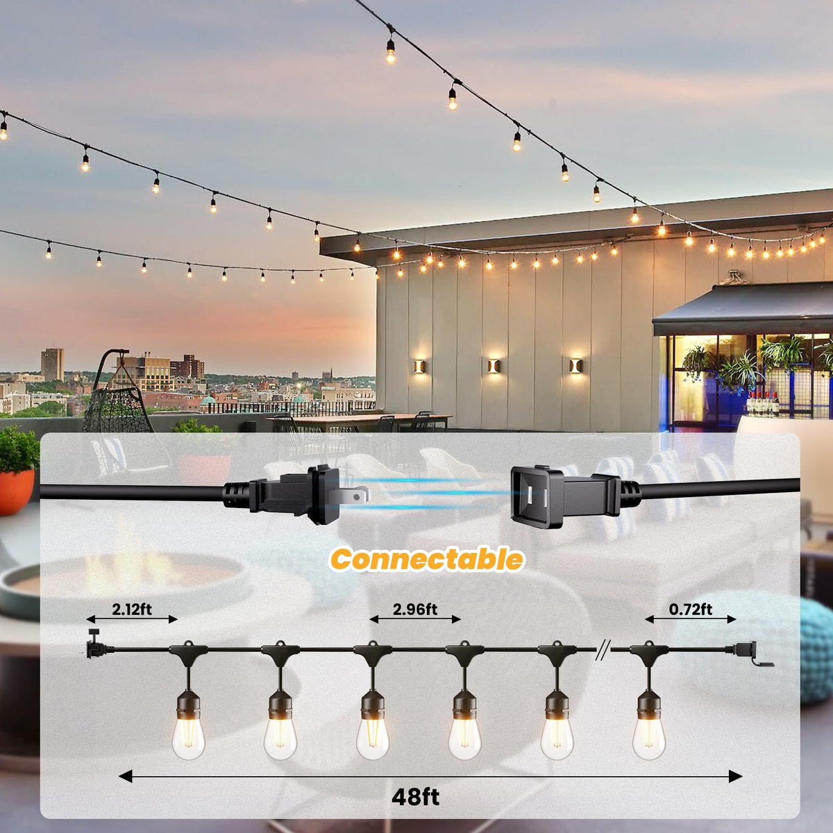 Svater 144 FT Outdoor String Lights 2W, Patio Light for Outside with 32 Antique S14 Plastic LED Bulbs with 30 Pack S14 Replacement Bulb