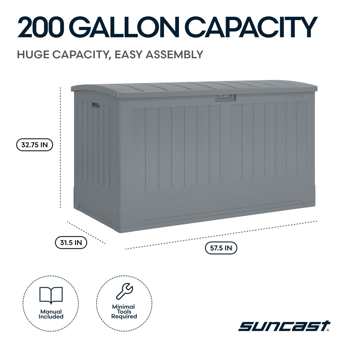 Suncast 200-gal. All-Weather Patio Deck Box, Made in the USA, with Pad-Lockable Lid, Extra-Large Outdoor Storage Unit for Patio Furniture and Grill Tools, Dove Gray Color