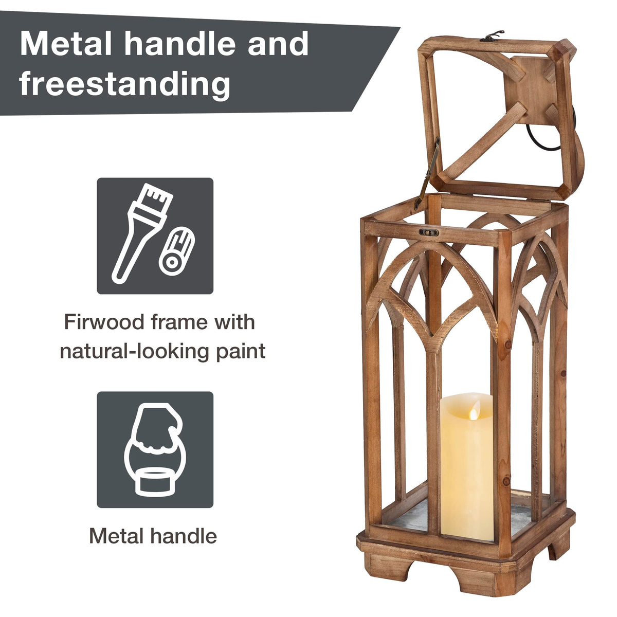 Glitzhome Farmhouse Decorative Lanterns Wooden Candle Lantern Church Window Frame Lanterns for Wedding Mantle Entryway Home Patio Balcony Garden, Pack of 2, Natural, No Glass