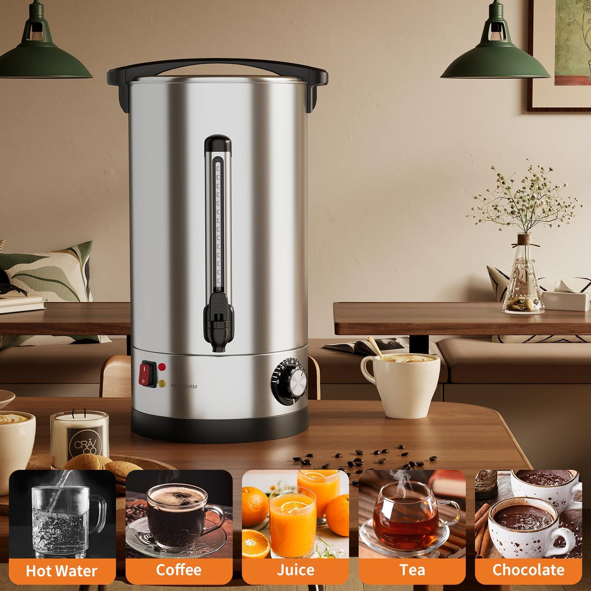 Sunvasagoo 110 Cups Double Wall Insulated Commercial Coffee Urn, 16L / 4.2 Gal Stainless Steel Hot Beverage Dispenser with Auto Temperature Control for Catering & Buffets, Silver