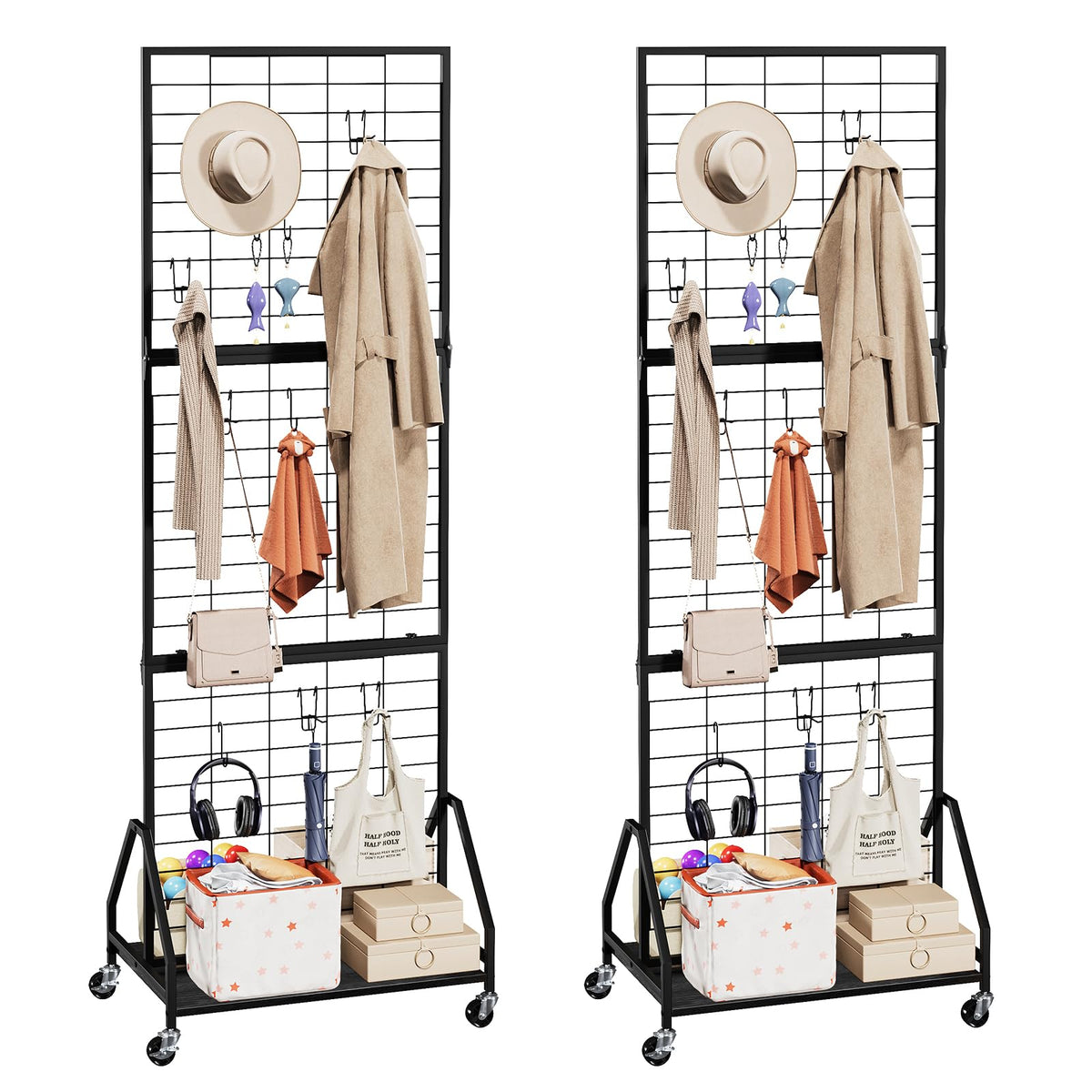 ELYKEN 2 Pack Foldable Grid Wall Panels 5.7' x 2' FT, Movable Wire Gridwall Display Rack with Wheels and Adjustable Foots, Retail Display Stand for Vendor with Storage (Black)
