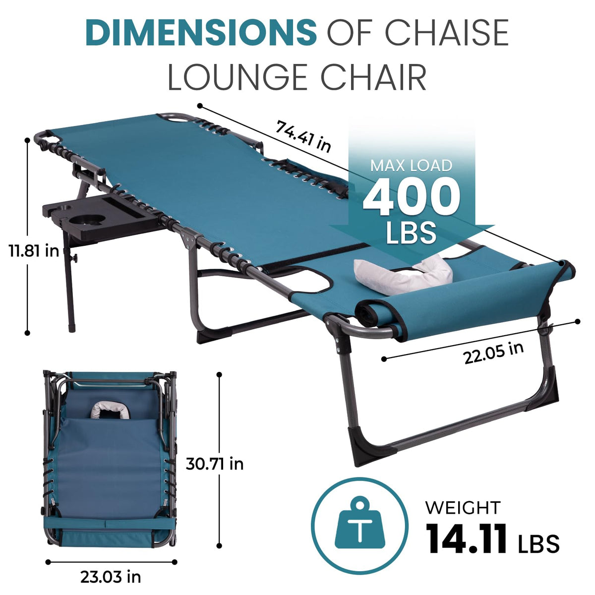 FUNDANGO Heavy Duty Tanning Chair with Face Hole & Canopy, 400lbs Beach Lounge Chair with Side Table, 5-Position Sun Lounger for Outdoor Patio Pool-Face Down Chaise with Anti-Pinch Safety Lock,Cyan