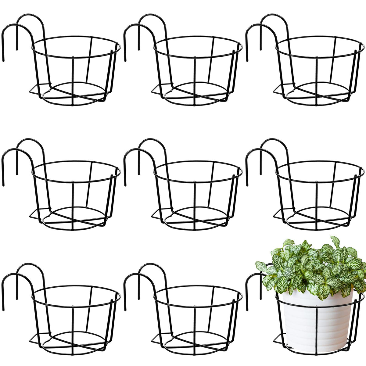 Wesiti 10 Pcs Round Hanging Railing Planters Outdoor Balcony Planters Metal Hanging Baskets Flower Pot Holder for Fence Indoor Porch Shelf Container(8 Inch,Black)