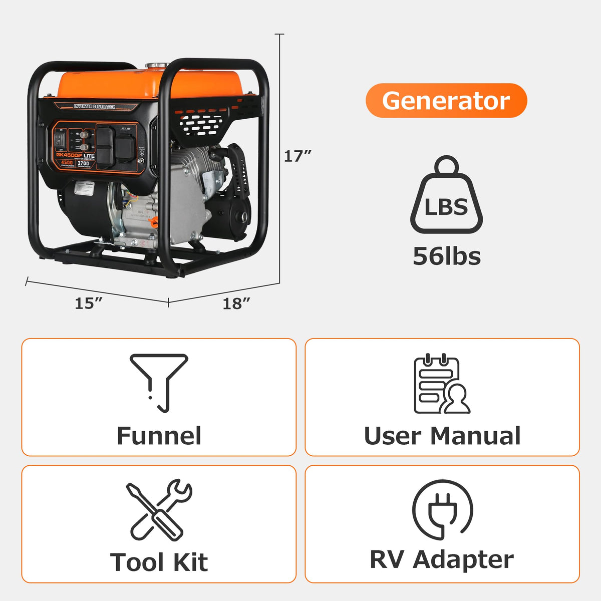 Genkins 4500 Watt Open Frame Inverter Generator 30 Amp Pure Sine Wave Noise Reduced 50% 56lbs EPA complied Gas Powered