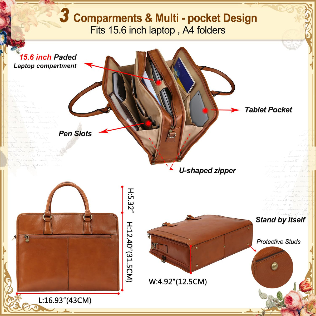 Banuce Premium Italian Full Grain Leather Briefcase for Women 15.6 Inch Laptop Bag Office Work Business Travel with Luggage Strap and Detachable Shoulder Strap Brown