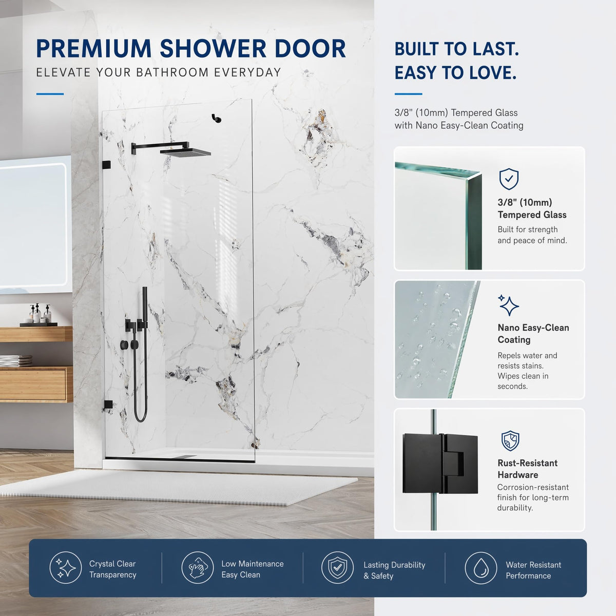 YTTSOYTS Premium Shower Screen 36"×76" Frameless Shower Glass Panel, 3/8'' (10mm) Fixed Glass Shower Panel, Tempered Glass Door Easy Clean Coating, Bathroom Shower Screen with Hook (Matte Black)
