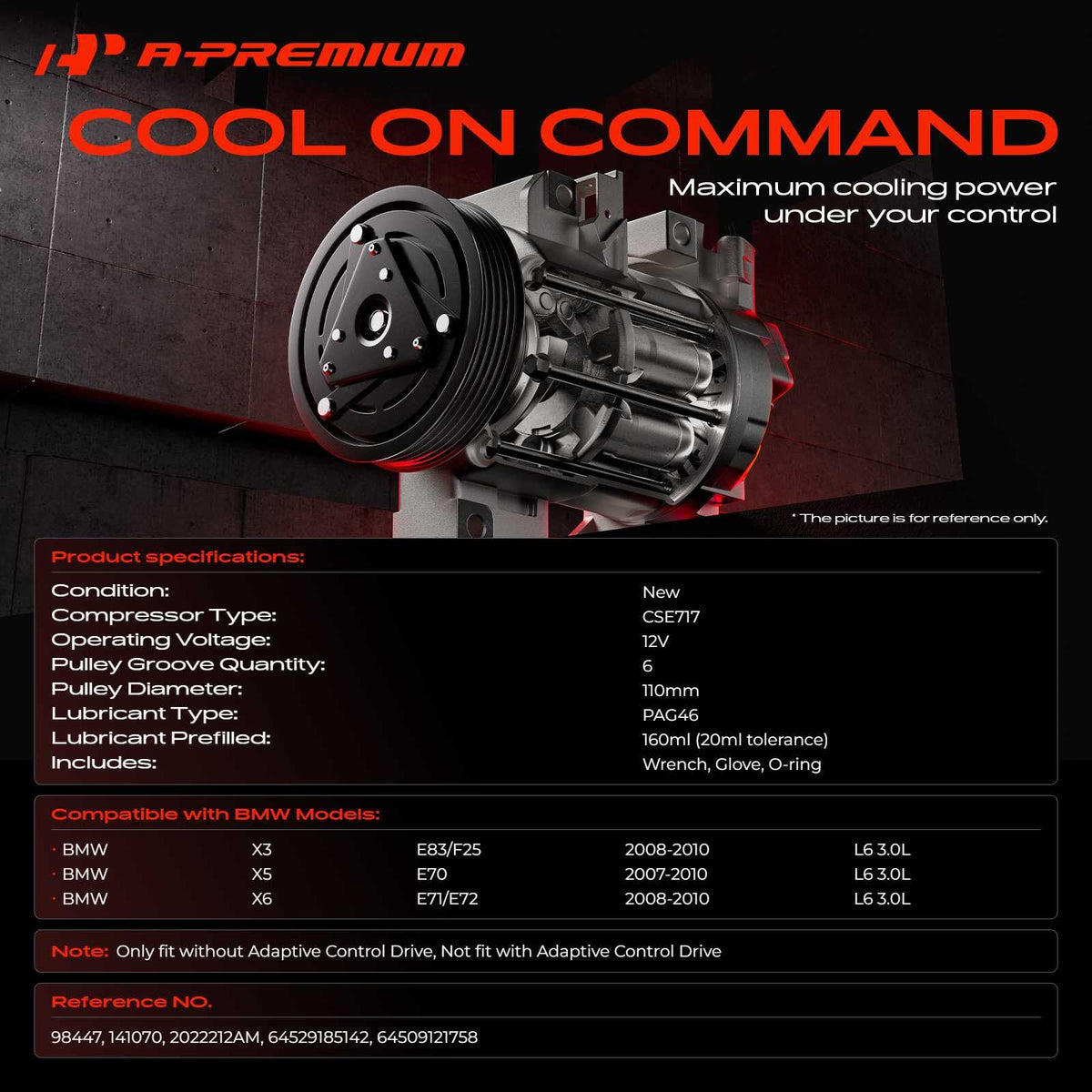 A-Premium Air Conditioner AC Compressor with Clutch Compatible with BMW X5 2007-2010, X3 2008-2010, X6 2008-2010, L6 3.0L, Without Adaptive Drive, 6 Grooves, CSE717 Compressor