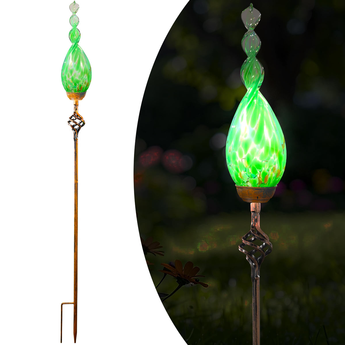 Naboher Solar Garden Lights Outdoor, Decorative LED Flame Garden Stakes, Hand Blown Glass and Outdoor Waterproof Glass Stakes (Green)