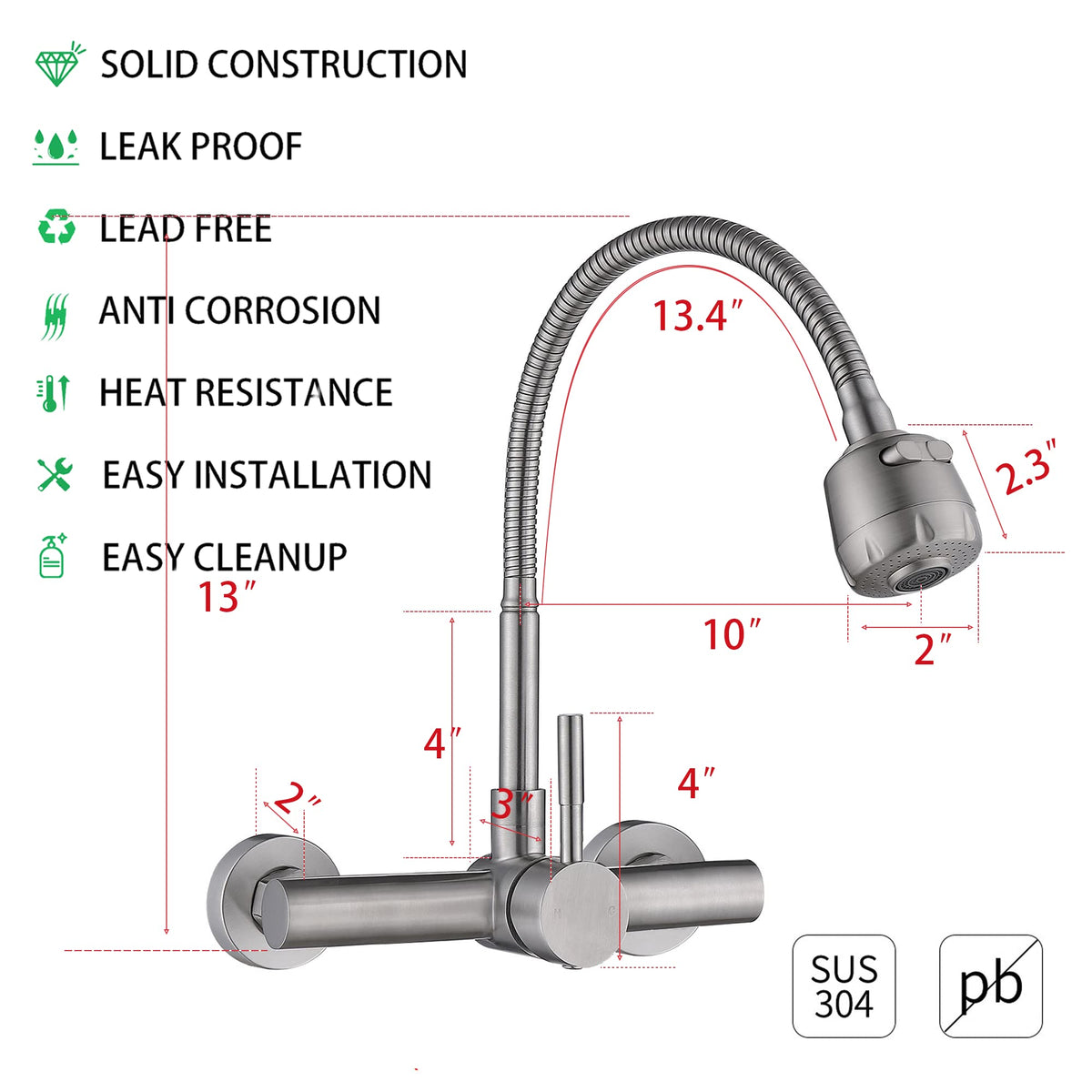 FLWUEUE Wall Mount Kitchen Sink Faucet with Sprayer 8“ Inch Center, Brushed Nickle Stainless Steel Sink Mixer Tap, Laundry Utility Faucets with Dual Functional Sprayer