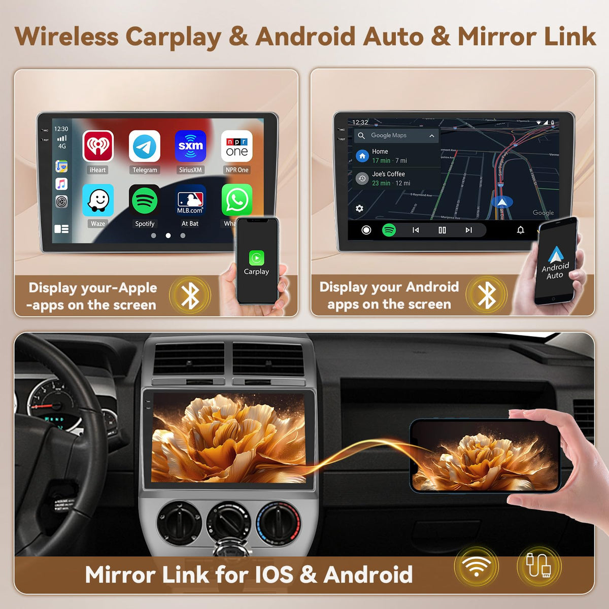 [4+64G] Android 15 Car Stereo for Jeep Compass Patriot 2007 2008 2009, Hikity 10'' in-Cell Touchscreen Radio Wireless Carplay Android Auto 5G WiFi/1280 * 720P/Bluetooth/GPS SWC FM/RDS/EQ Backup Cam