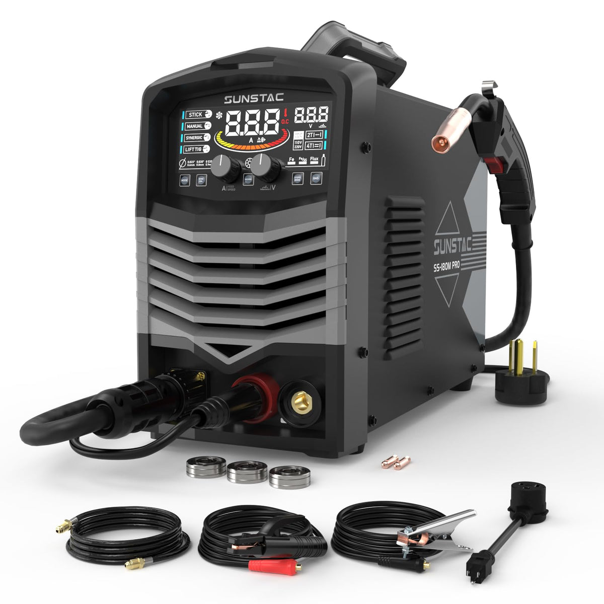 MIG Welder, 180A 110V/220V Gas MIG/Gasless MIG/Lift TIG/Stick 4 in 1 MIG Welding Machine, MIG with IGBT Inverter Synergic Control, Digital Screen Display and Over Loading Protection