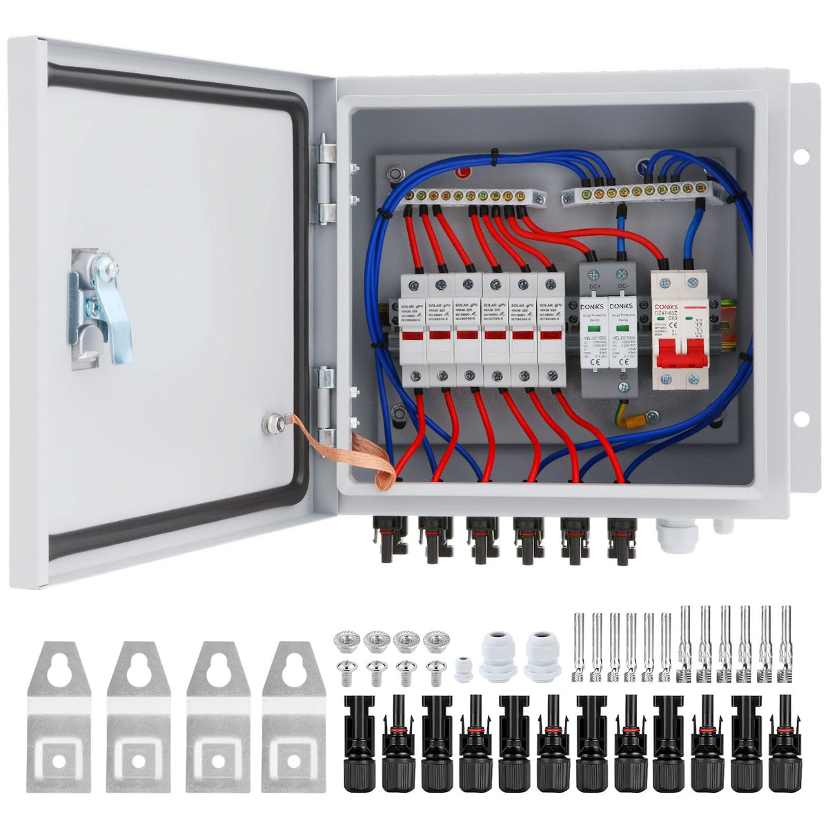 Doniks 6 String Metal Solar Combiner Box, IP65 Waterproof PV Combiner Box with 20A Rated Current Fuse, 63A Air Circuit Breaker,Lightning Arrester, Metal Box for On/Off Grid Solar Panel System