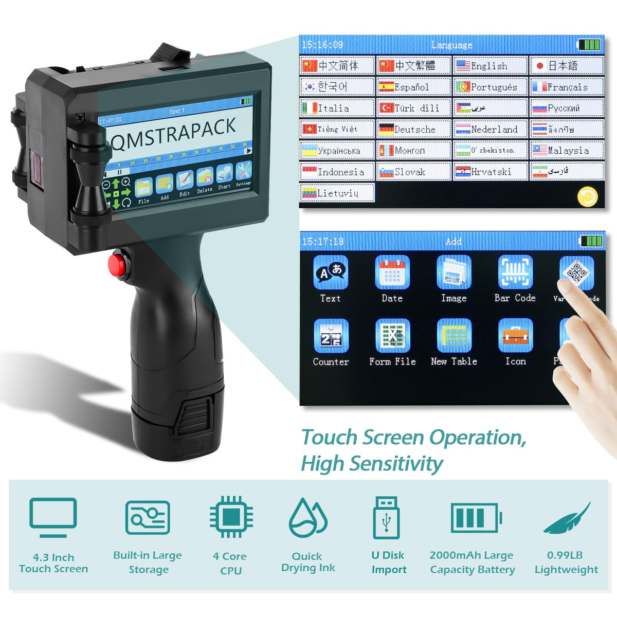 QMSTRAPACK Handheld Inkjet Printer Gun Z10 Printing Height 0.08-0.5 Inch Inkjet Coder with Original Fast-Drying Ink for Text QRCode/Barcode/Batch Number/Label/Image/Date Printer for Any Surface