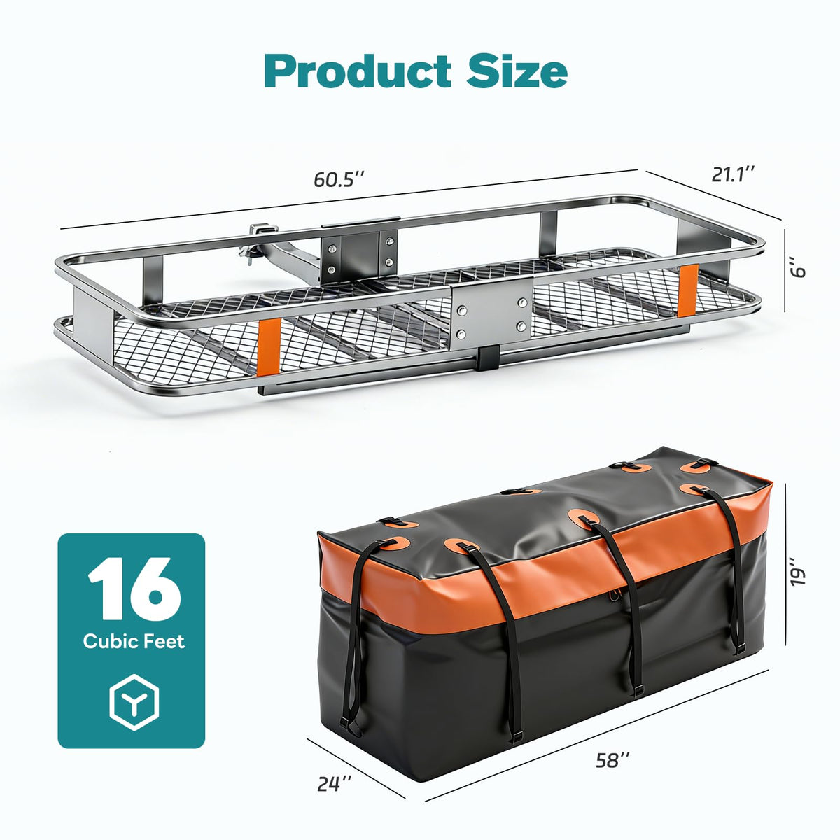 OLIXIS Folding Hitch Mount Cargo Carrier Basket 60x21x6 with Waterproof Luggage Bag 16 Cubic Feet, 500 Lbs Capacity Cargo Basket, with Hitch Stabilizer, Straps, Net