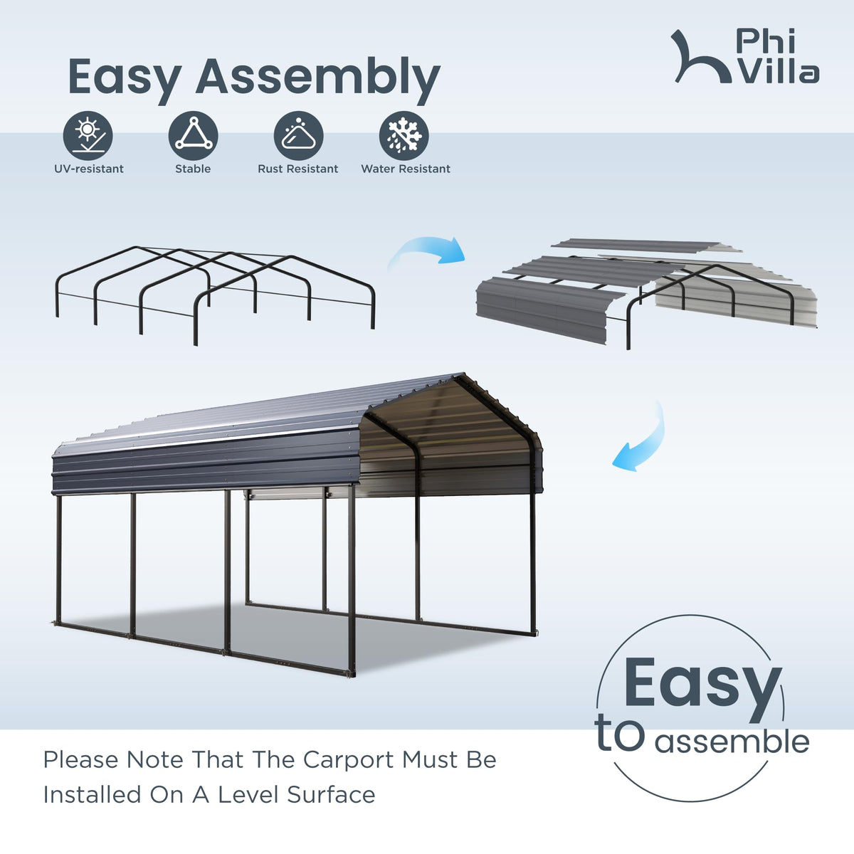 PHI VILLA 10x15 ft Carport, Metal Carports Canopy with Sidewalls Heavy Duty Car Port Portable Garage with Galvanized Steel Roof Multi-Use Shelter, Sturdy Car Ports for Cars, Boats and Tractors