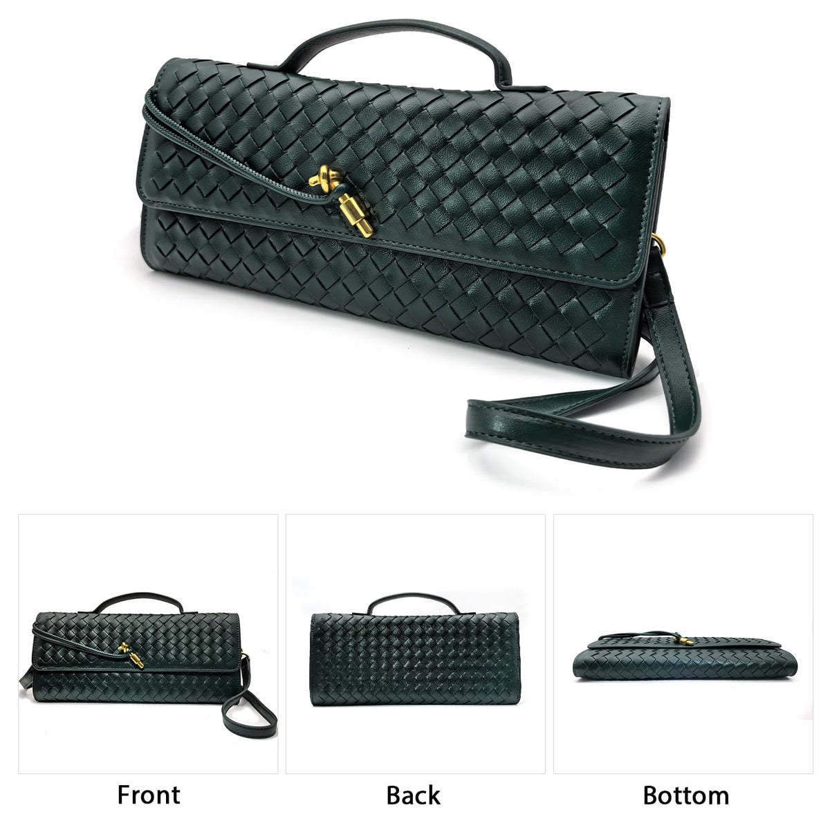 Qiannaura Formal Clutch Purses for Women Evening Woven Leather Large Clutch for Weddings & Parties | Convertible Shoulder Bag, Dark Green