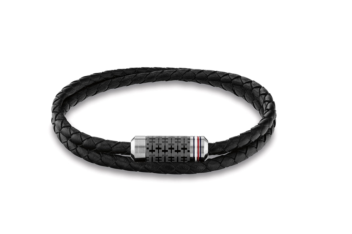 Tommy Hilfiger Men's Jewelry Tube Double Wrap Braided Leather Bracelet Color: Black (Model: 2790327)