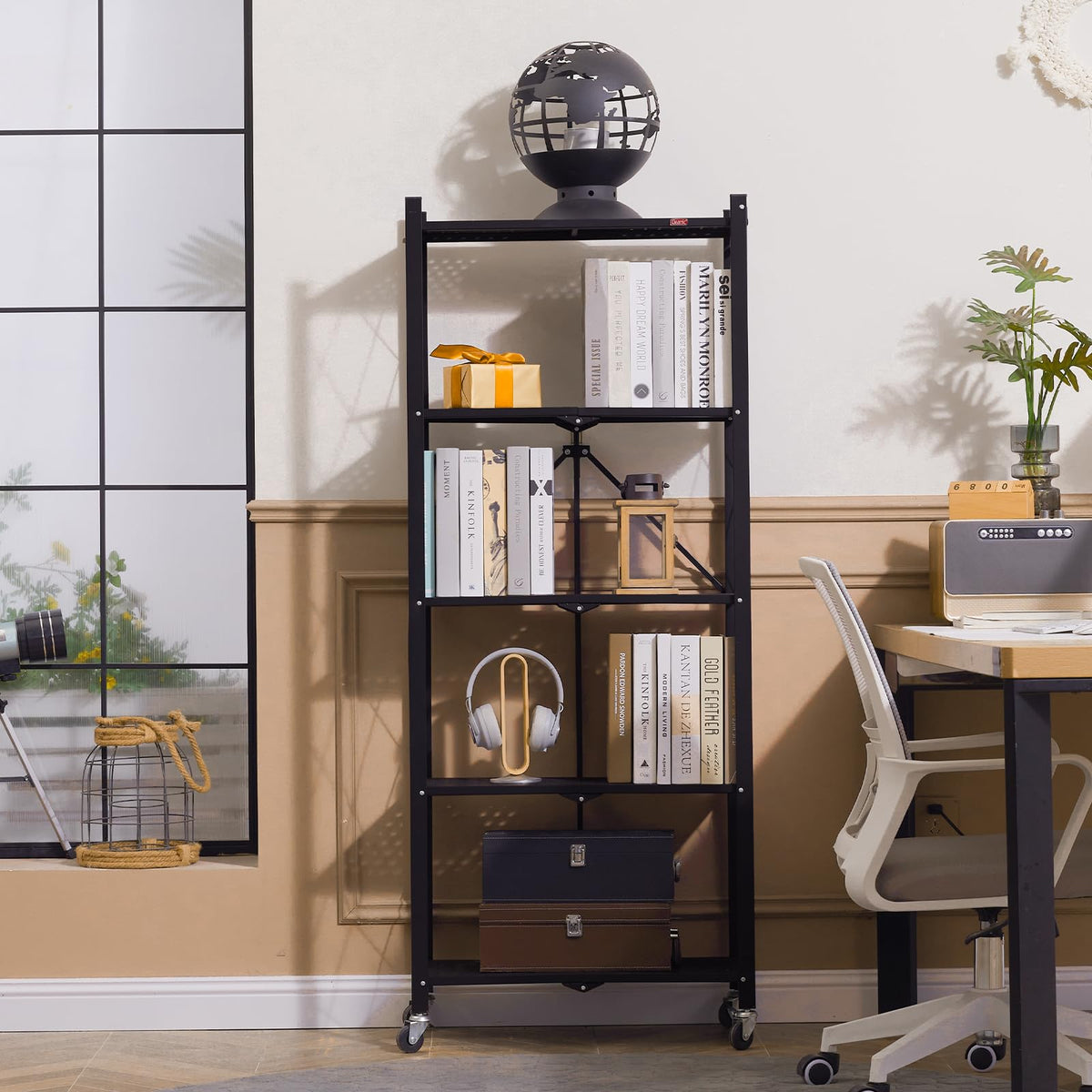 DEANIC 5-Shelf Folding Bookcase with Wheels, Heavy Duty Storage Shelves, Freestanding Metal Wire Shelving Unit for Living Room, Office, Kitchen, Basement, Pantry(Black 2 Pack)