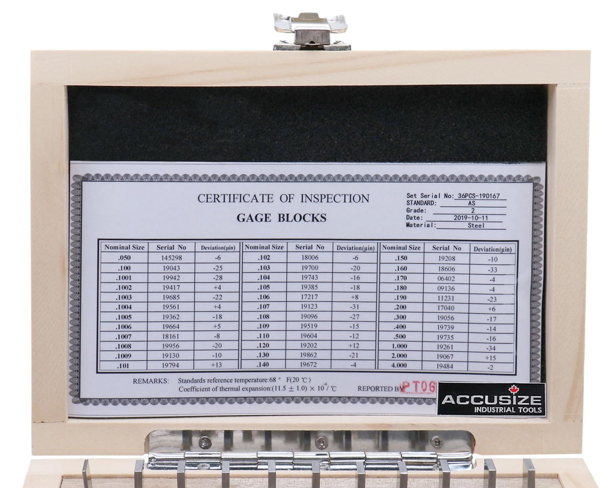 Accusize Industrial Tools 36 Pc Steel Gage Block Set, Grade As-2 Asme B89.1.9-2002, with Mfg Certificate, 0036-6001