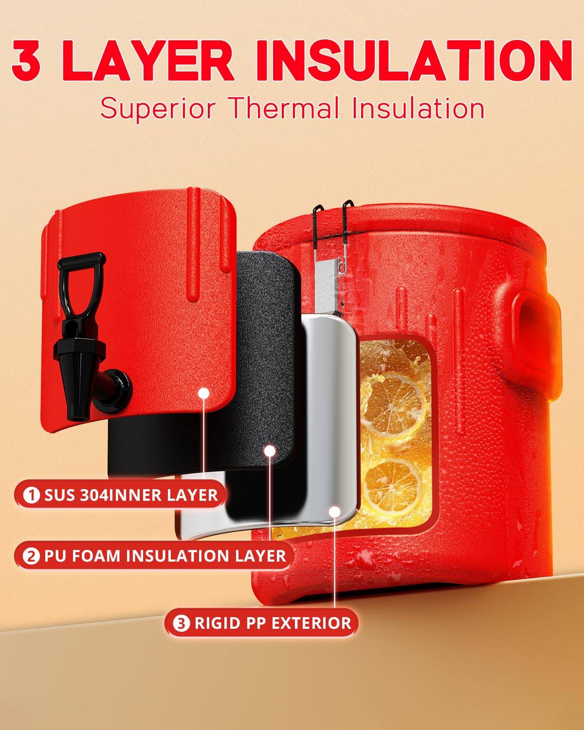 Insulated Beverage Dispenser 5 Gallon, Hot Drink Dispenser with 304 Stainless Steel Interior & Spout, Hot Water Dispenser for Parties, Portable Outdoors Water Jug for Camping Sports,N6