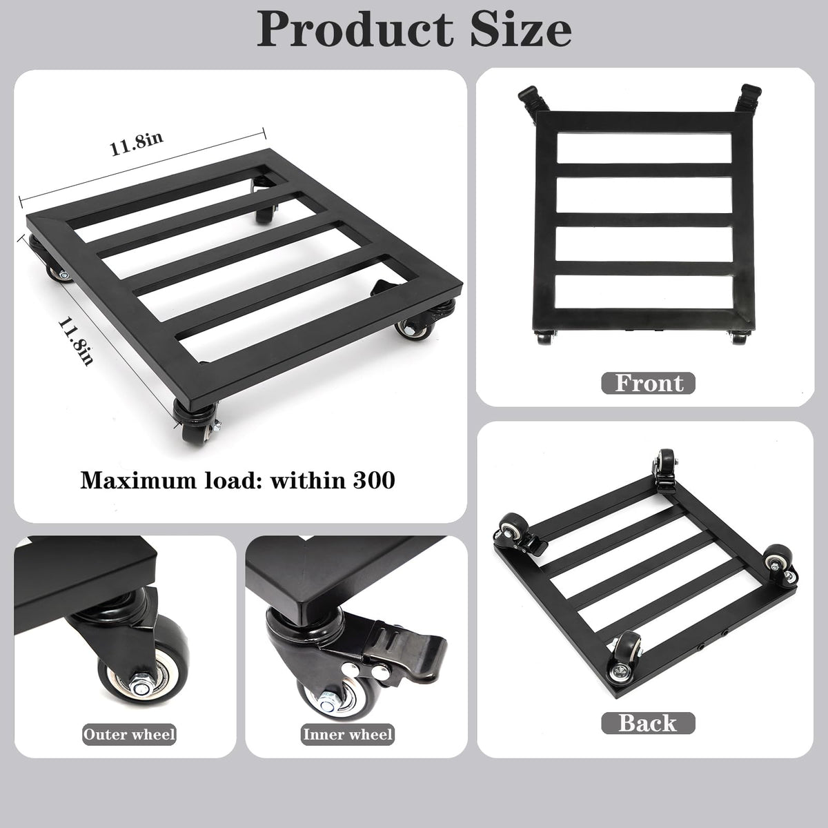 Goooxim Heavy Duty Plant Caddy with Wheels 12Inch - 200lb Weight Capacity - Steel Rolling Plant Stand for Indoor and Outdoor Use - Lockable Wheels - Black