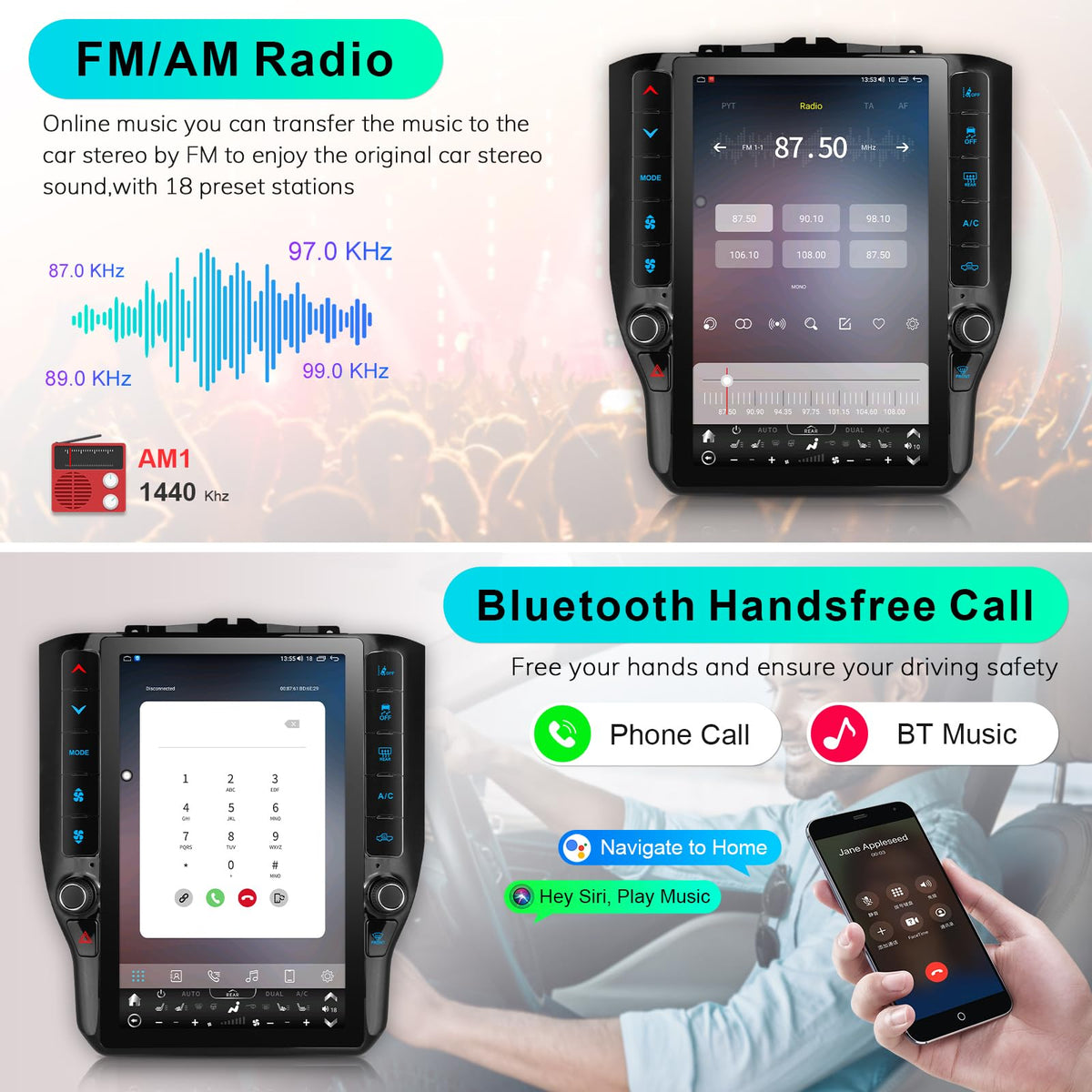 CRUIOLUT 8 Cores 4+64G Radio Upgrade,2019-2024 for Dodge Ram 1500 2500 3500 Truck Car Radio Upgrade,12 inch Vertical Touchscreen Support Wireless CarPlay Android Auto GPS Bluetooth FM SWC(12 inch)