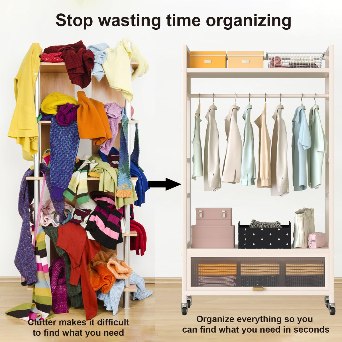 Freestanding Garment Rack, Portable Clothing Rack with Wheels and 4 Hooks, Rolling Organizer for Hanging Clothes and Storage, Wardrobe Shelves for Bedroom Living Room Home (Milky white, 100CM)