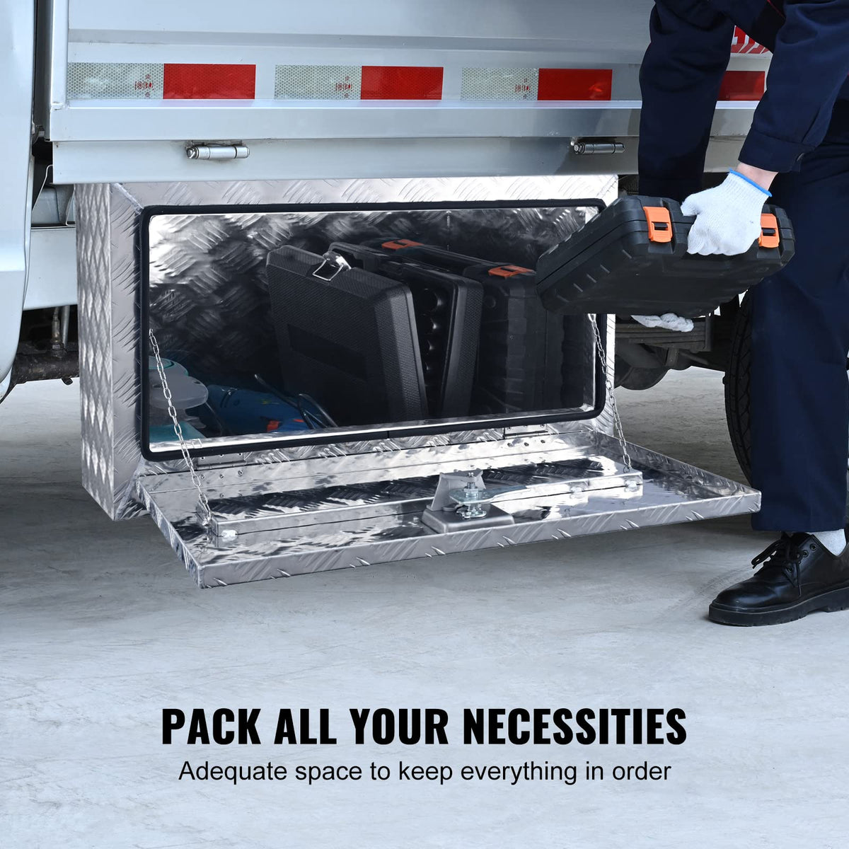 VEVOR Underbody Truck Box, 30"×17"×18" Pickup Storage Box, Heavy Duty Aluminum Diamond Plate Tool Box with Lock and Keys, Waterproof Trailer Storage Box with T-Handle Latch for Truck, Van, Trailer