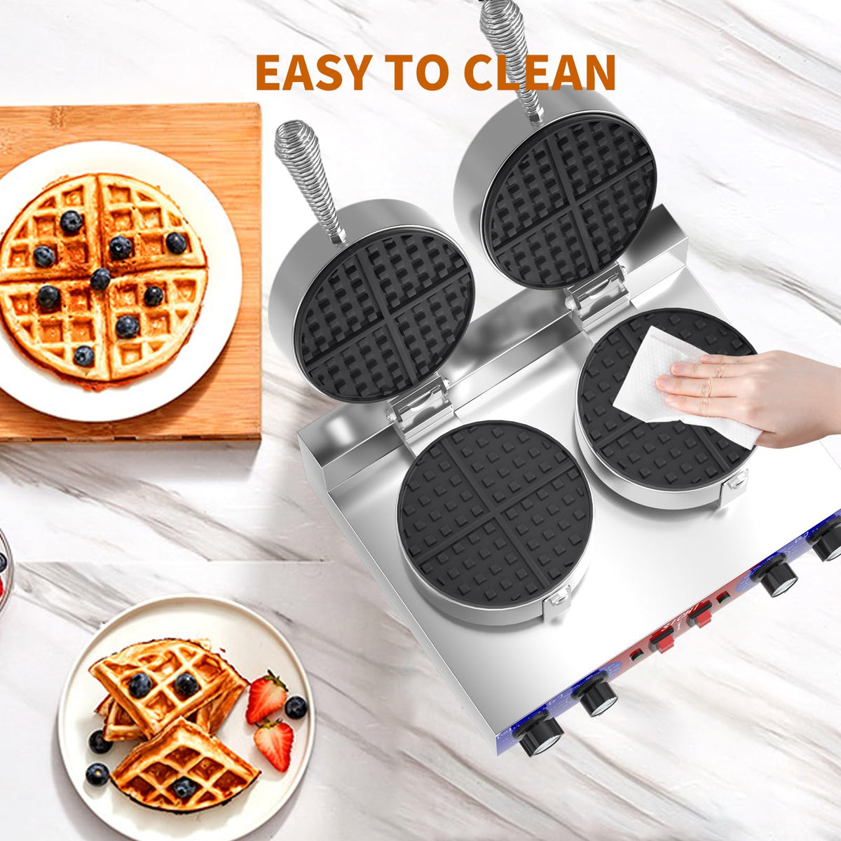 HTTSICHI Waffle Maker - Commercial Waffle Iron w/Two Non-stick 7 in Baking Pans, 550 ℉ Temperature and Timers, 2400W Dual Waffle Machine for Double Baking, Stainless Steel Waffle Maker for Restaurant
