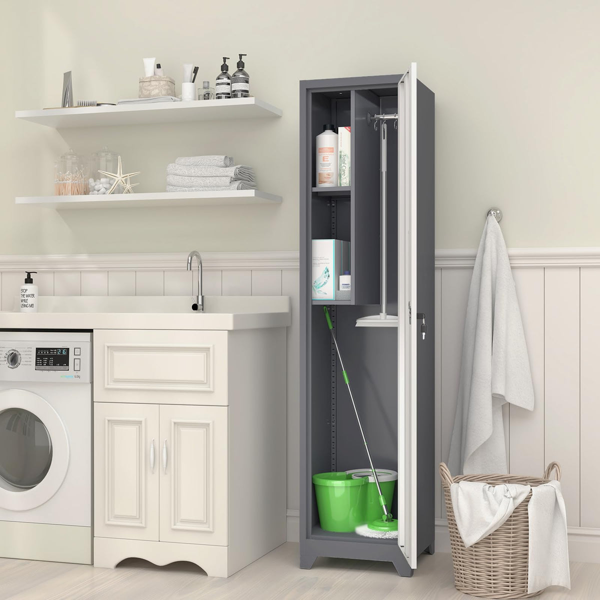 GREATMEET Slim Locking Metal Garage Storage Cabinet, 65" Lockable Utility Closet, Tall Steel Narrow Broom Closet Storage Cabinets with Door and Shelves for Laundry Room, Bathroom, White & Grey
