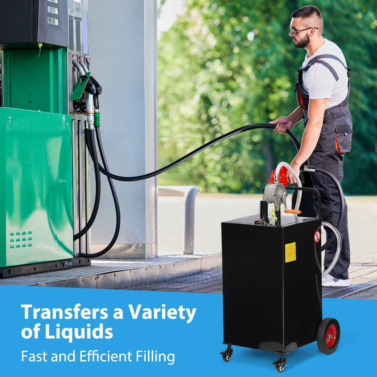 Portable Fuel Transfer Tank, 50 Gallon Heavy-Duty Fuel Caddy with Manual Pump & 4 Wheels, Spill-Proof Gas/Diesel Container for Secure Transport to Tractor, Boat, Truck, Black