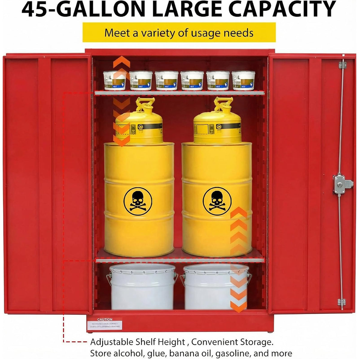 45 Gallon Flammable Safety Cabinet, Industrial Yellow Steel Storage for Flammable Liquids, 2 Adjustable Shelves, Double-Wall Fireproof Cabinet with Manual Close Doors & Vents - Red