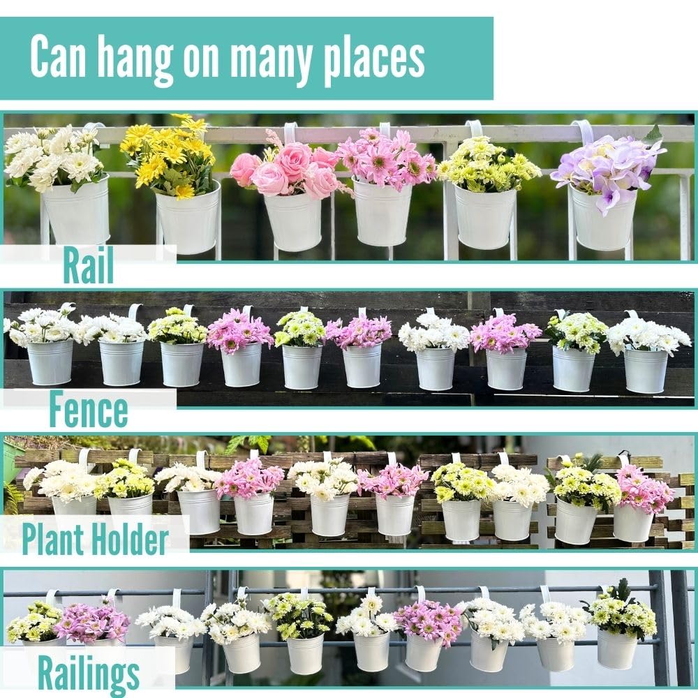 LaLaGreen Hanging Planters - 10 Pack, 4 Inch Balcony Railing Hanging Herb Garden Wall White Metal Bucket Fence Planter for Outdoor Plants Flower Pot Deck Rail Porch Window Box Hooks Macetas Colgante