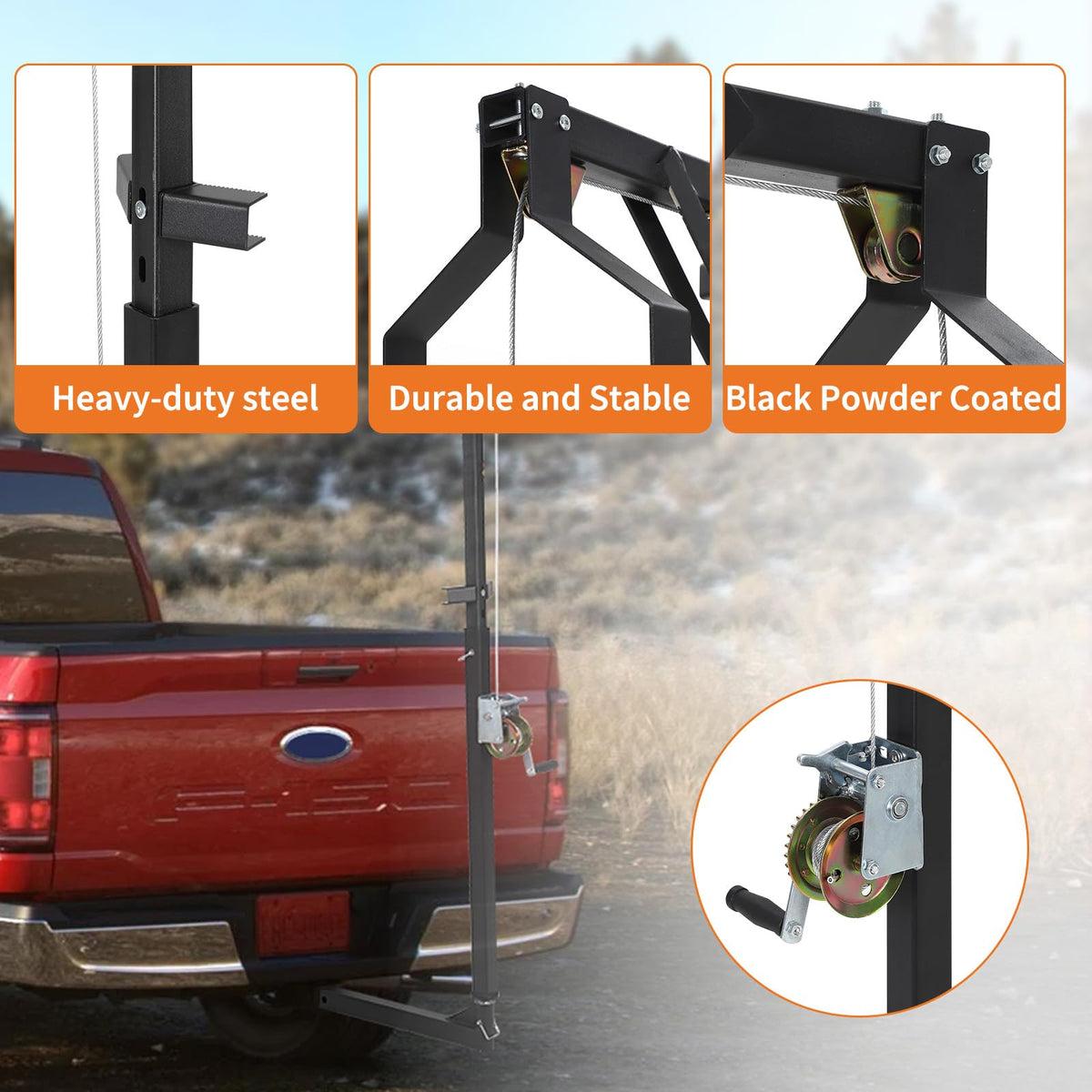 EliteEdge 500 LBS Hitch-Mount Deer Hoist with Winch & Gambrel, 360° Swivel Adjustable Height Heavy-Duty Game Hoist for Skinning, Butchering, Field Dressing