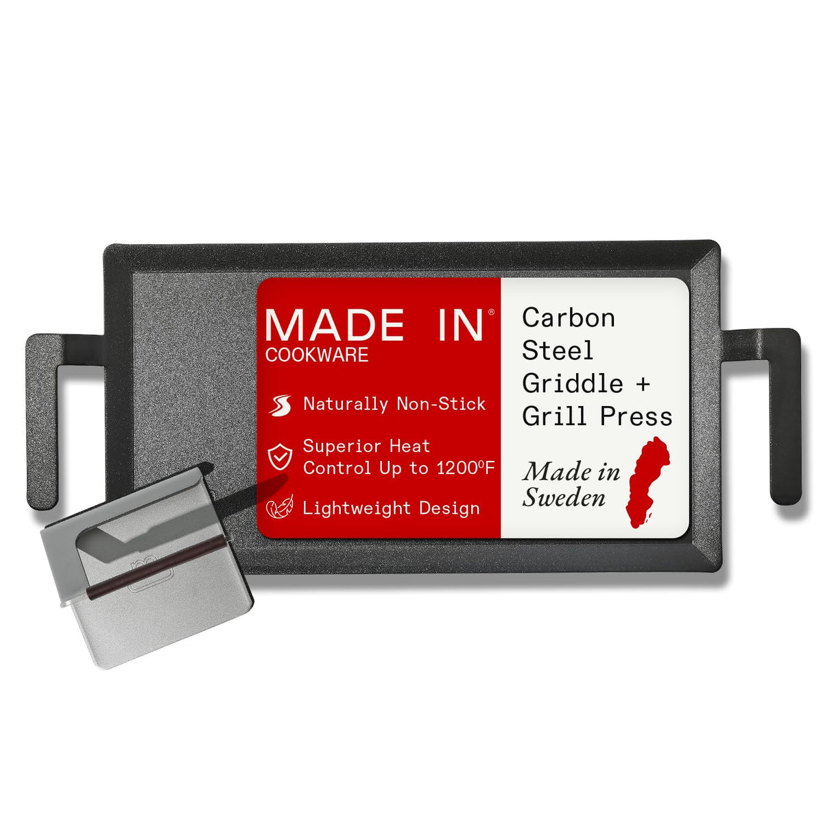 Made In Cookware | Carbon Steel Griddle + Grill Press | Professional Cookware | Crafted in Sweden | Induction Compatible
