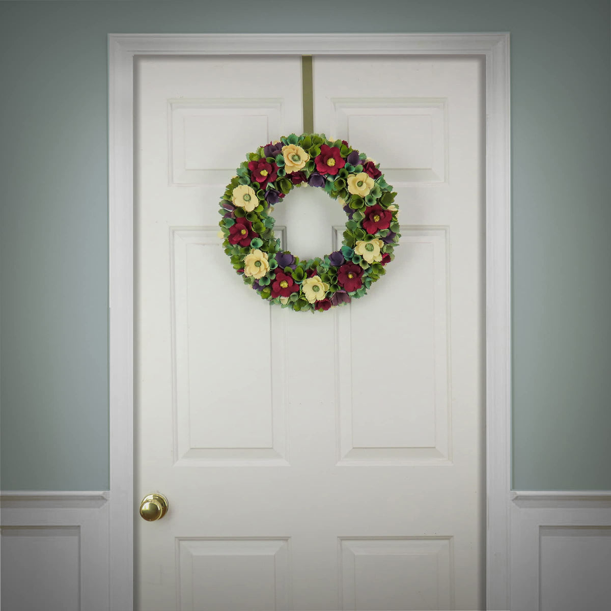 National Tree Company Artificial Wreath Decoration, Red, Lightweight Foam Base, Decorated with Red and Cream Assorted Wood Cut Flowers, Flowing Green Leaves, Spring Collection, 18 Inches