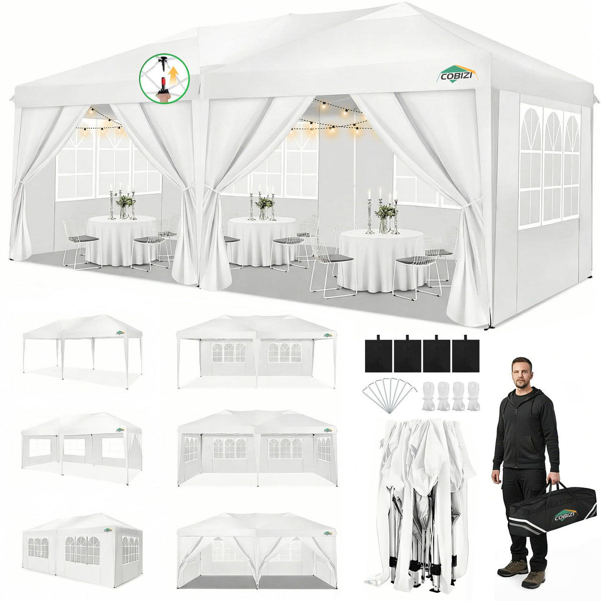 COBIZI 10x20 Pop Up Canopy Tent Commercial Instant Shelter with 6 Sidewalls, Durable Waterproof Portable Gazebo UPF 50+ for Outdoor Party, Wedding, Vendor Events (White)
