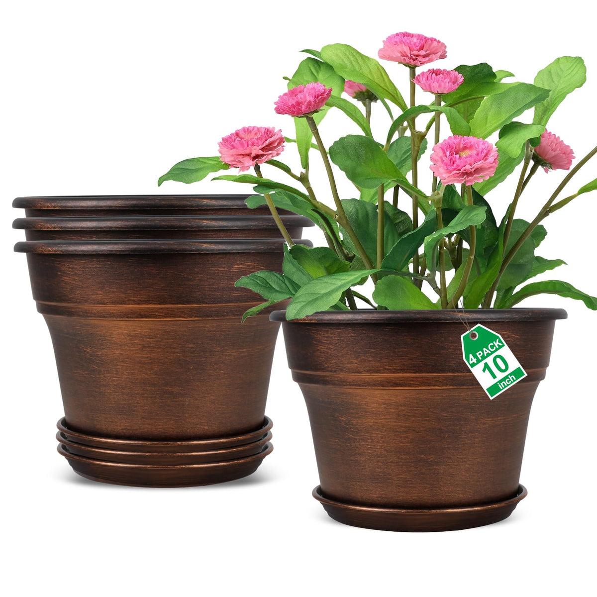Fodetyff 10 Inch Planters Plant Pots Indoor Outdoor, 4 Pack Plastic Flower Pot for Indoor Plants with Drainage Holes & Trays, Resin Decorative Container Sets with Saucer for House Garden Copper