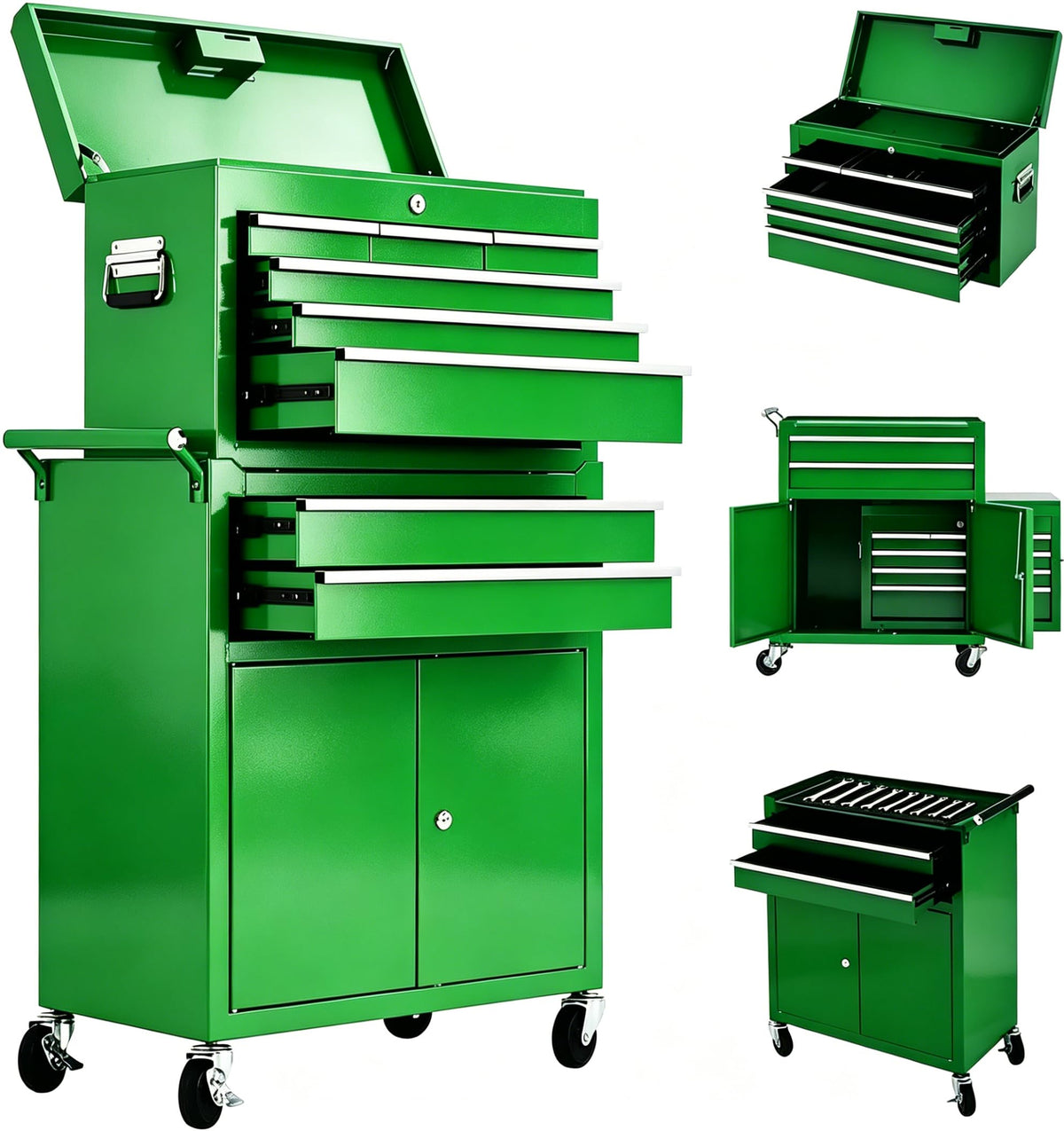 8-Drawer Rolling Tool Chest, 2-in-1 High Capacity Tool Storage with Detachable Top Cabinet, Locking System, Wheels and Liners for Garage, Workshop, Green