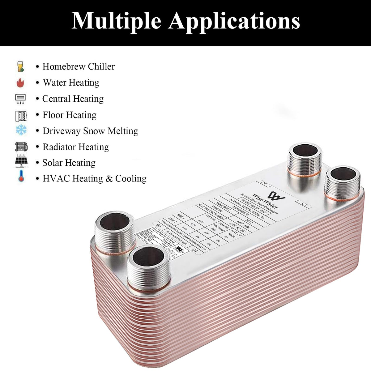 Brazed Plate Heat Exchanger Stainless Steel SS316L 3"x8" 26 Plates 3/4" MPT 210,000 BTU/hr Hydronic Heating