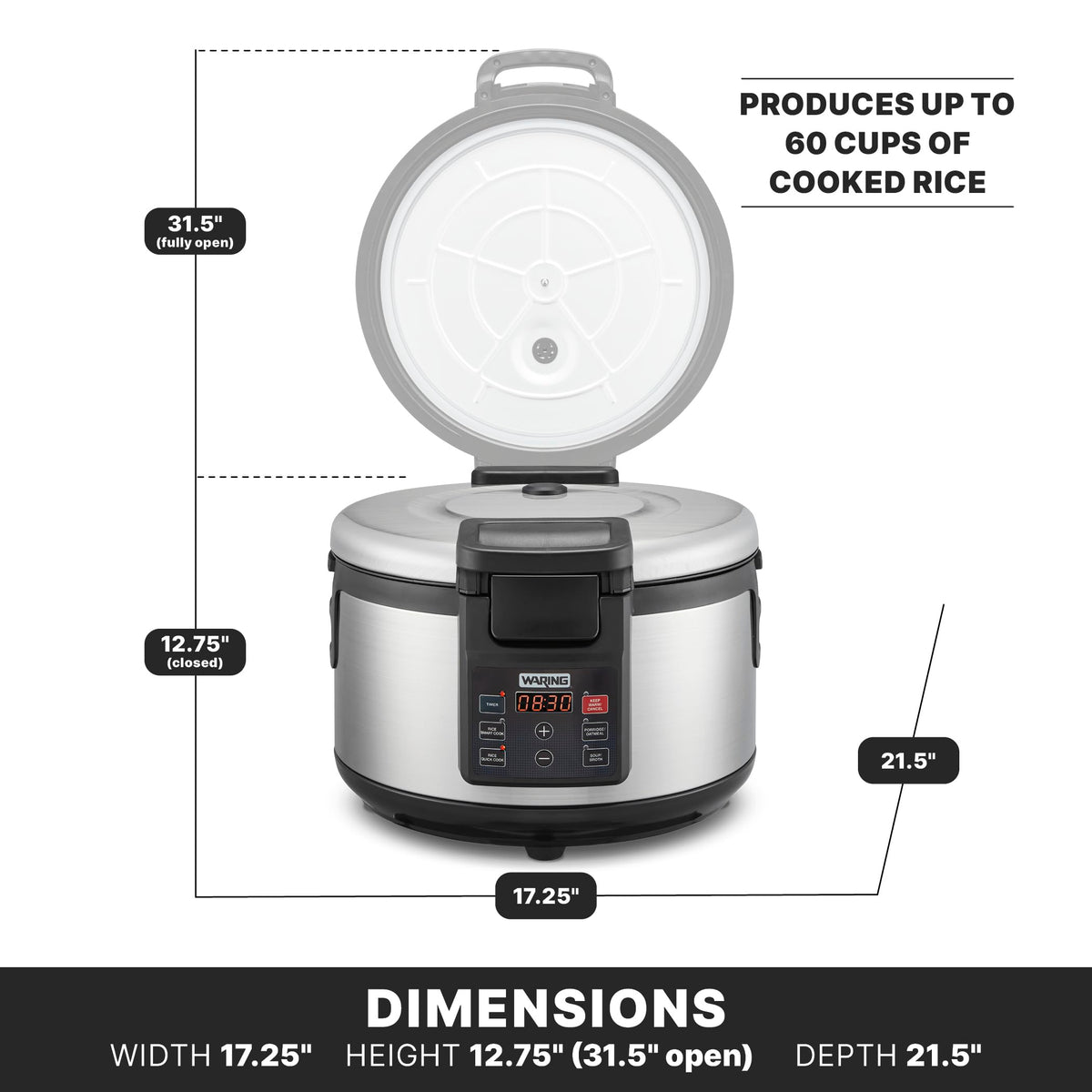 Waring Commercial Rice Cooker, 60-Cup Cooked (30-Cup Raw) Capacity, PFAS-Free Ceramic Inner Pot, Keeps Warm for 8 Hours, Double-Wall Stainless Steel Construction, Restaurants & Catering, WRC60