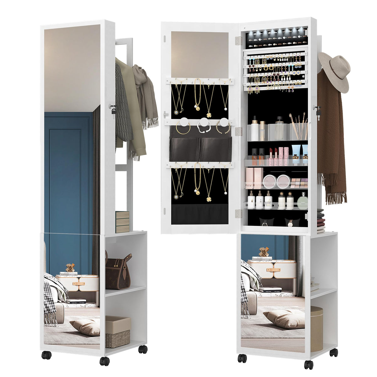 Hzuaneri 8 LEDs Jewelry Cabinet Armoire, 66.9-inch Jewelry Organizer with Garment Rack, Lockable Full-length Mirror with 4 Wheels, Storage Shelves with Hooks, 5-in-1, White and Beige JC17003B