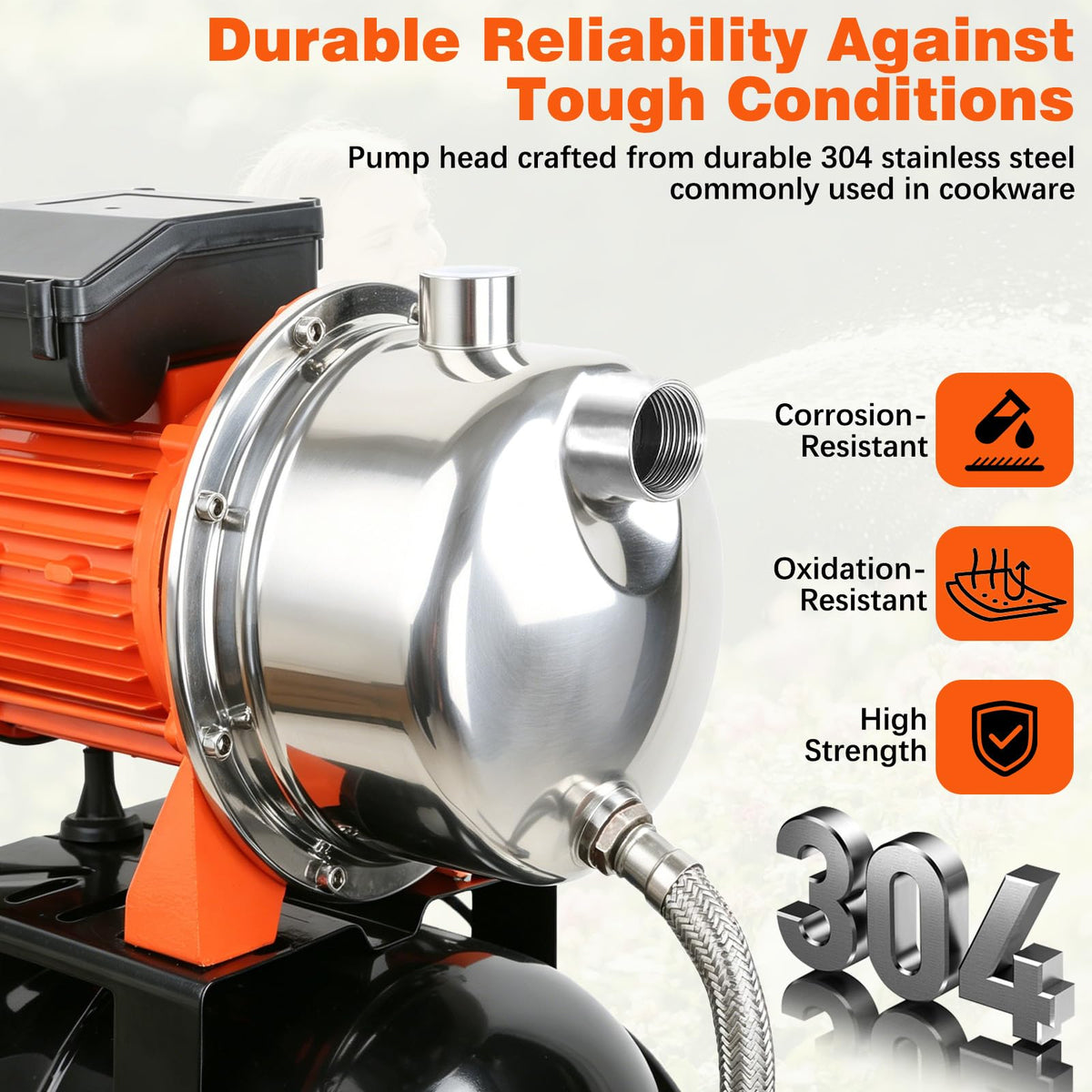 Ioboneed 1 HP Shallow Well Pump with Pressure Tank, 1000 GPH, Automatic Irrigation Water Booster Pump with 130 ft Head Lift 20/40 PSI Pressure Switch 304 Stainless Steel Pump Head for Home Garden Lawn