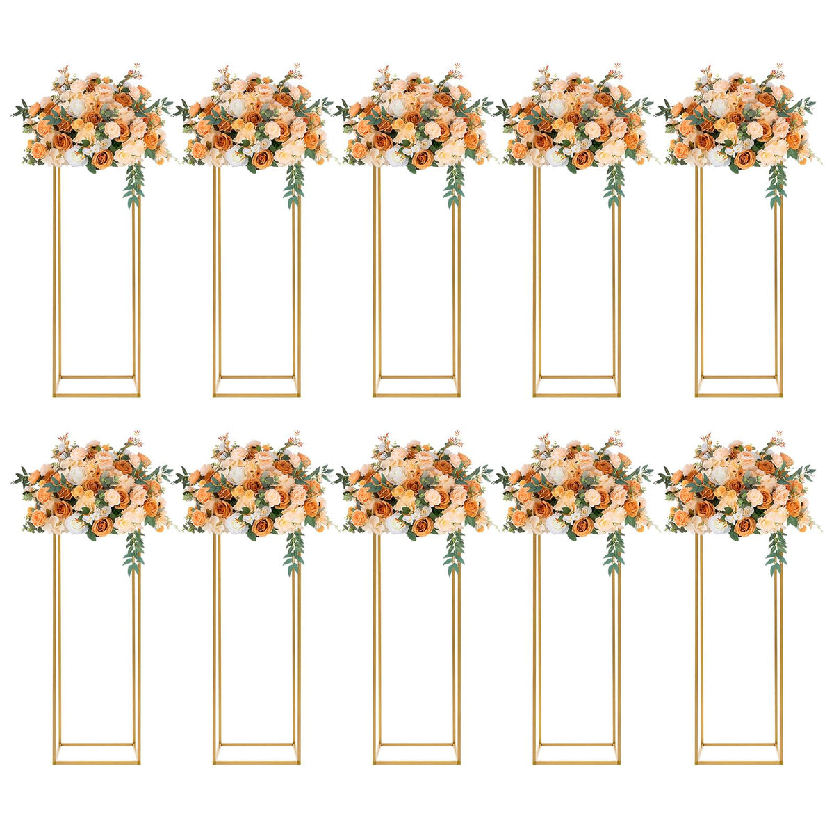 10PCs 31.4 in Tall Metal Column Flower Stand for Wedding Table Centerpieces, Gold Rectangular Floor Vase Holder Display Rack for Birthday Party Events Home Decor (31.4 in)