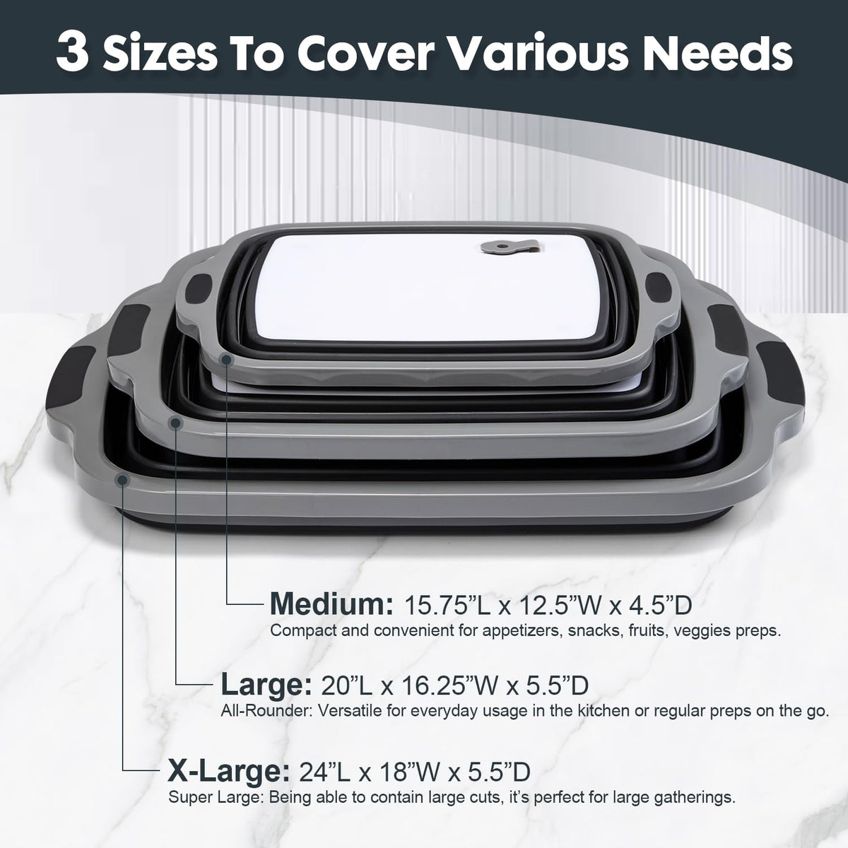 TANOSHII 3-Piece Collapsible BBQ Prep Tubs with Lids and Built-in Cutting Board – For Meal Prep Marinating Food Storage&Washing – Picnic Camping – Set of 3 – (1) Medium + (1) L + (1) XL – Black