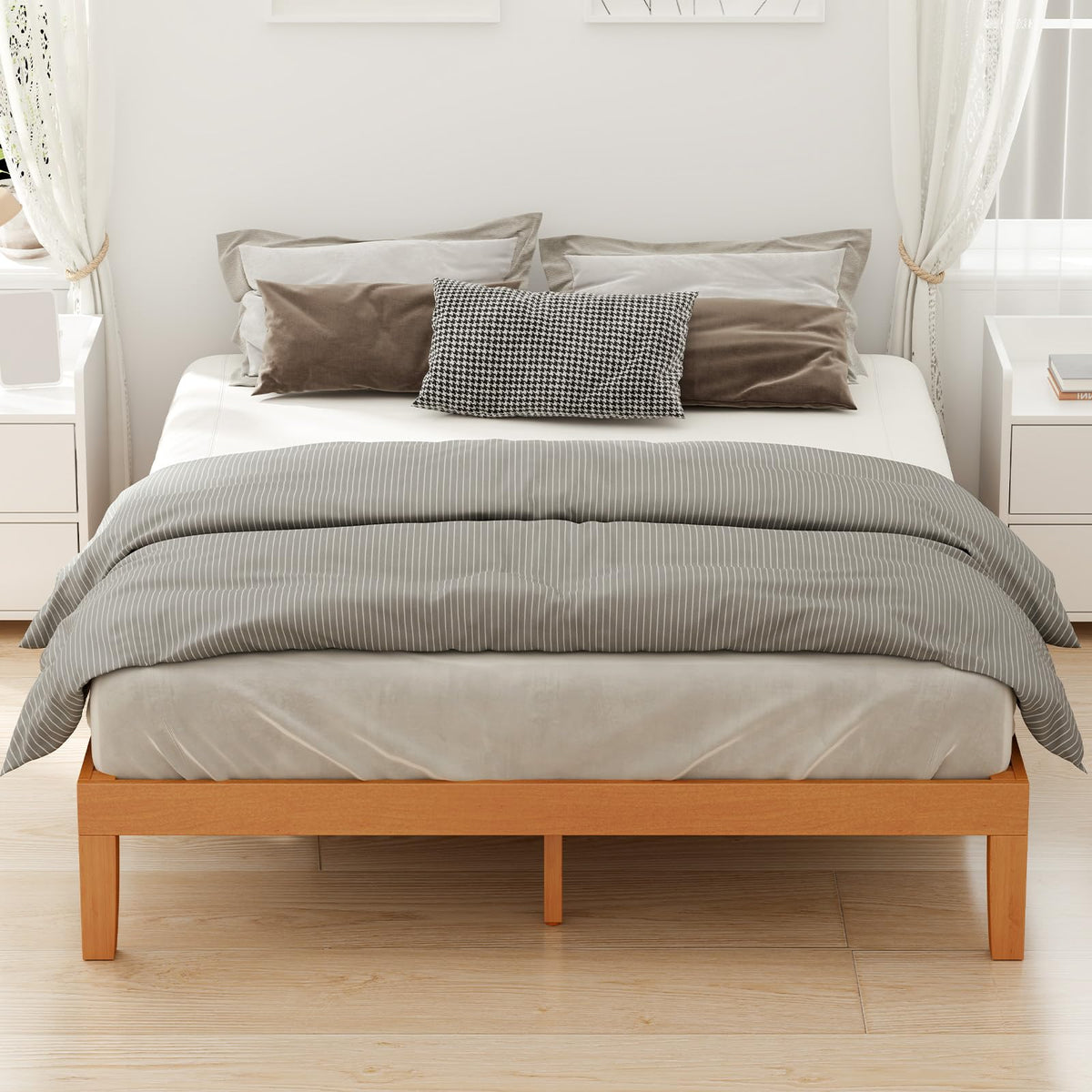 Sweetcrispy Queen Wood Platform Bed Frame, Solid 1000LBS Heavy Duty Bed Base with Wooden Slat Support, Sturdy, Stylish & Noise-Free Design, No Box Spring Needed, 12IN Natural Pine