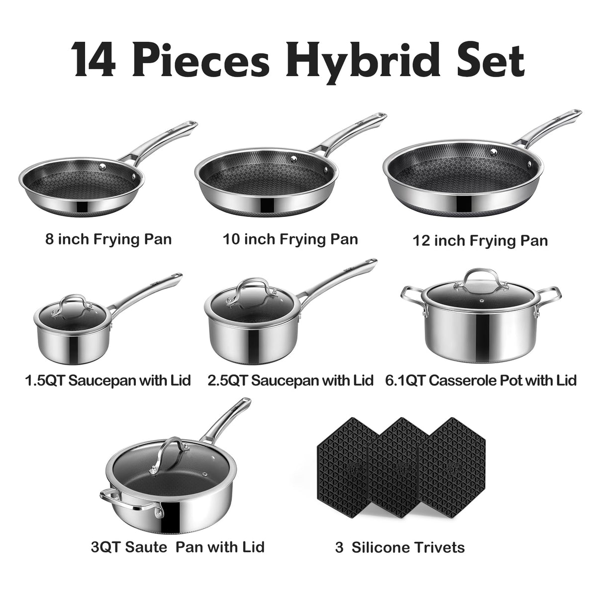 SNOWCLAD Pots and Pans Set Non Stick, 14 Pcs Hybrid Stainless Steel Cookware Sets, Non Stick Frying Pans, Saucepans, Saute Pan & Stock Pot, PFOA Free Kitchen Skillet,Induction Compatible