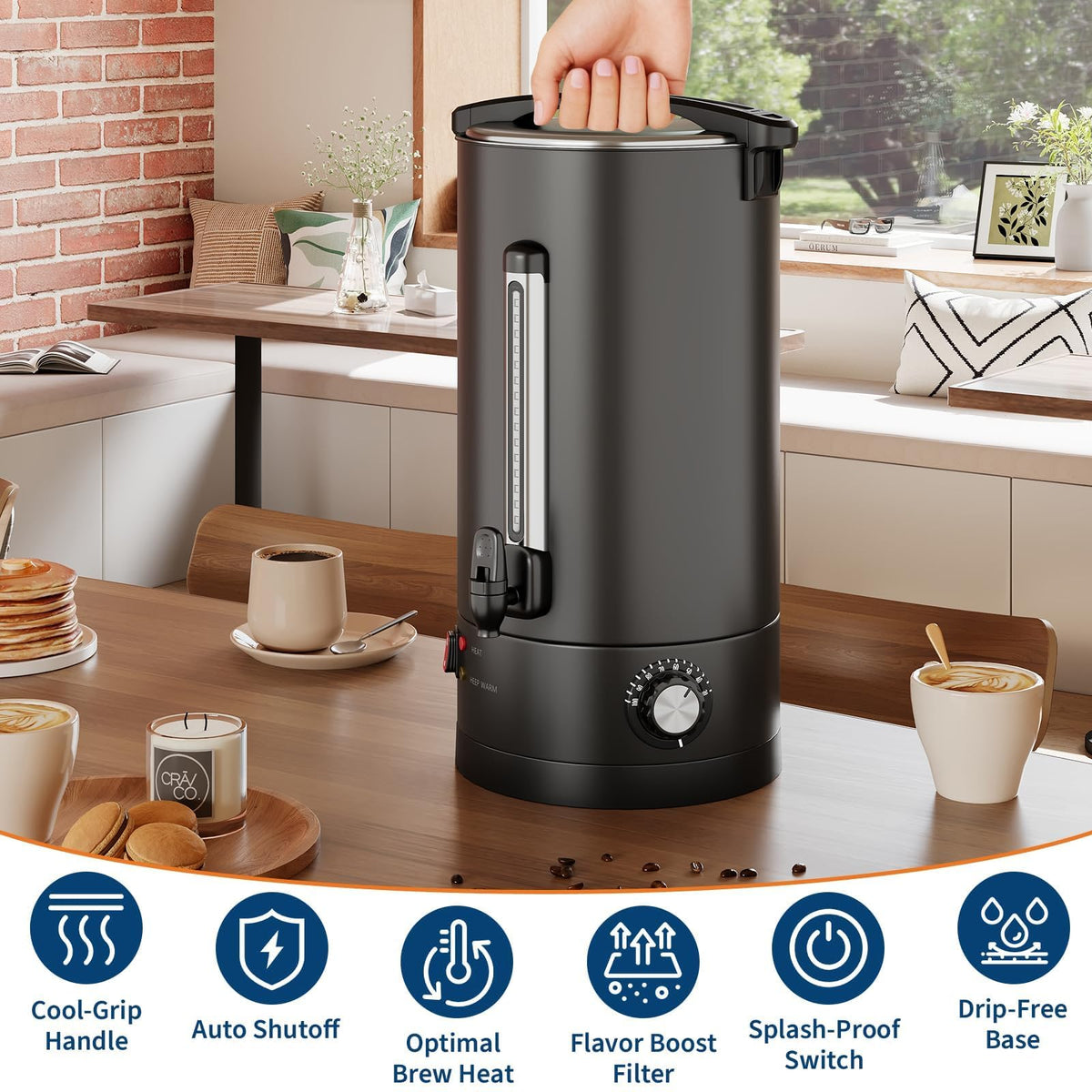 120 Cup Coffee Urn, 18L/4.8Gal Stainless Steel Hot Beverage Dispenser, Fast Brew Rapid Extraction, Auto Temperature Control Faucet, Commercial Hot Water Urn for Party Buffet Catering, Black